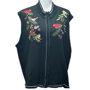 Southern Lady Embroidered Christmas Cardinal Birds Pine Bough Sweater Vest Sz 2X